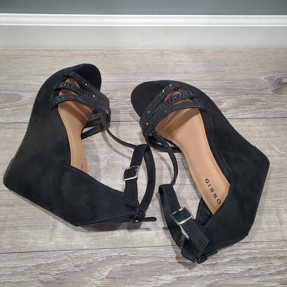 Torrid Women's Sz 10 WW Black Wedge Heels Back Heel Zipper Open Toe Rhinestones - Picture 7 of 15